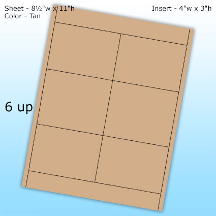 RediPerf Inserts - 6 up. Sheet - 8½"w x 11"h. Insert - 4"w x 3"h. Color - Tan. RediPerf Inserts - 6 up. Sheet - 8½"w x 11"h. Insert - 4"w x 3"h. Color - Tan.