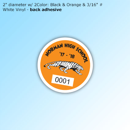 EconoQuick Decals - 2" diameter w/ 2 colors: Black & Orange & 3/16" #. White Vinyl - back adhesive EconoQuick Decals - 2" diameter w/ 2 colors: Black & Orange & 3/16" #. White Vinyl - back adhesive