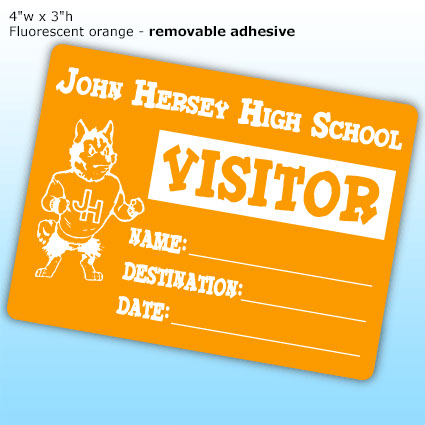Lapel Stickers - 4"w x 3"h. Fluorescent orange - removable adhesive Lapel Stickers - 4"w x 3"h. Fluorescent orange - removable adhesive