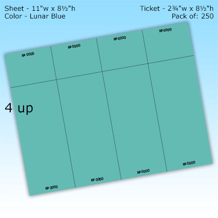 RediPerf Tickets - 4 up. Sheet - 11"w x 8½"h. Color - Lunar Blue. Ticket - 2¾"w x 8½"h. Pack of 250. RediPerf Tickets - 4 up. Sheet - 11"w x 8½"h. Color - Lunar Blue. Ticket - 2¾"w x 8½"h. Pack of 250.