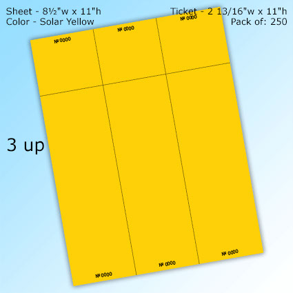 RediPerf Tickets - 3 up. Sheet - 8½"w x 11"h. Color Solar - Yellow. Ticket - 2 13/16"w x 11"h. Pack of 250. RediPerf Tickets - 3 up. Sheet - 8½"w x 11"h. Color Solar - Yellow. Ticket - 2 13/16"w x 11"h. Pack of 250.